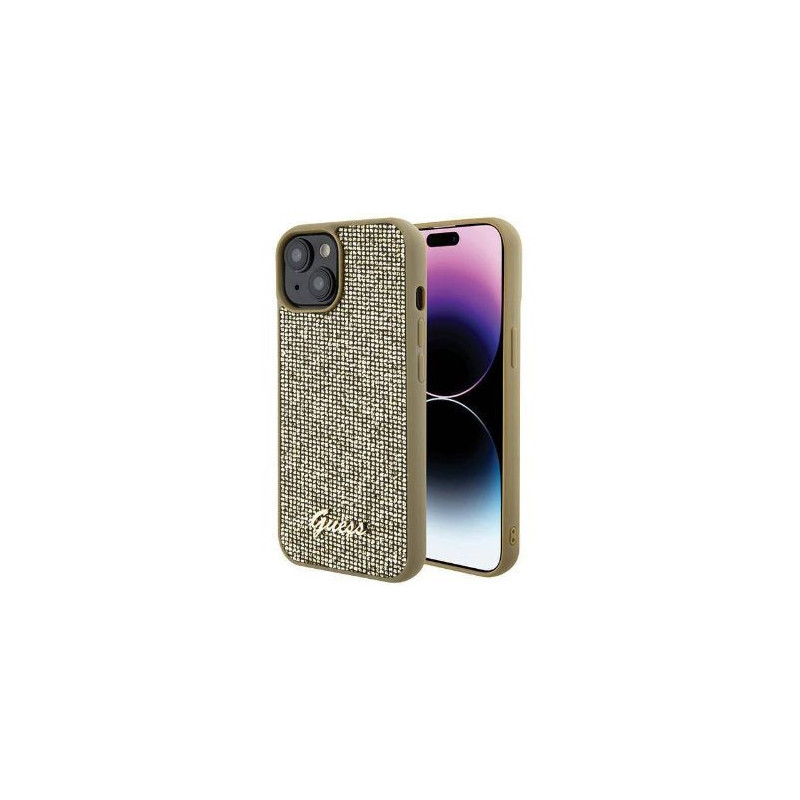 Guess Apple iPhone 15 HC PU DISCO SCRIPT METAL auksinis