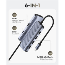 Cudy UH500 PortMate USB-C 6-in-1 Hub 4K 30Hz HDMI USB-C PD 4x USB-A 3.0 Aluminum Grey Cudy UH500 PortMate USB-C 6-in-1 Hub 4K 30Hz HDMI USB-C PD 4x USB-A 3.0 Aluminum Grey