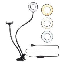 Elight TF Desk Clip Live Stream Selfie 11cm Ring LED Light Flash flexi 30cm tube Phone Holder Black