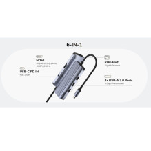 Cudy UH606 PortMate USB-C 6-in-1 Hub 4K 60Hz HDMI Gigabit LAN 3x USB-A Power Input Grey