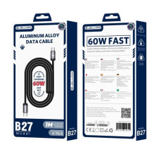 Jellico B27 austinis medvilninis universalus USB-C į USB-C duomenų ir greito įkrovimo laidas 60W, 1m, juodas