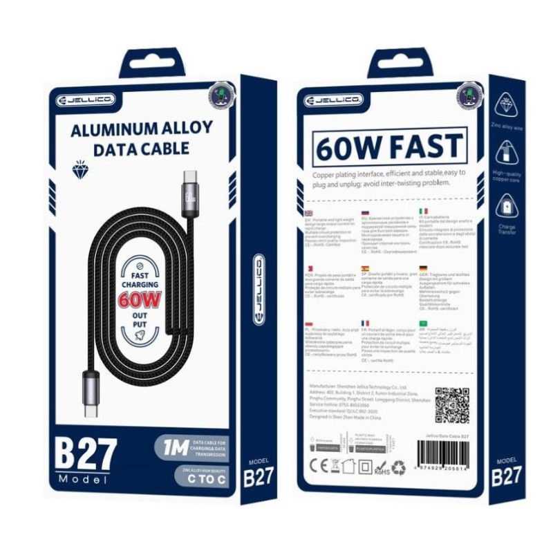 Jellico B27 austinis medvilninis universalus USB-C į USB-C duomenų ir greito įkrovimo laidas 60W, 1m, juodas
