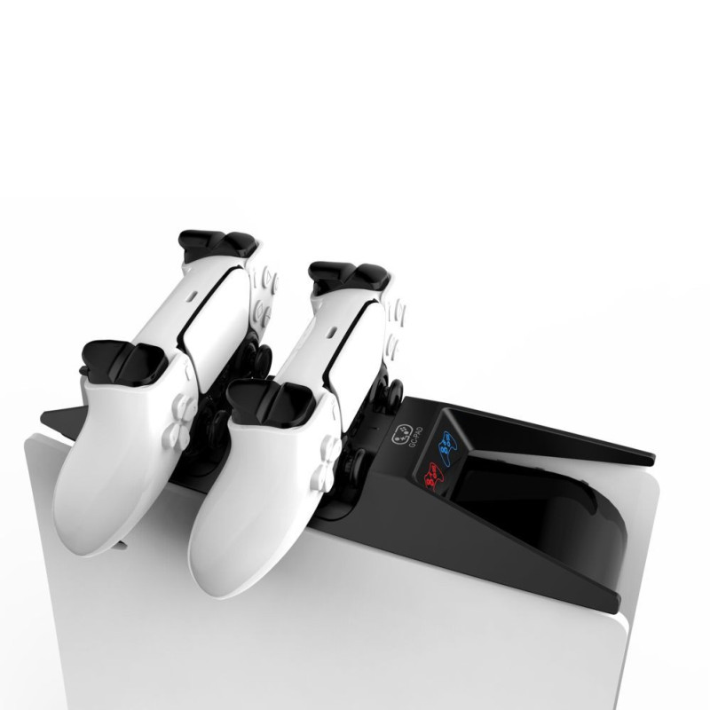 „Saitake“ dviguba įkrovimo stotelė, skirta „Sony Play Station 5“ ir „PS5“ valdikliams, juodai balta.
