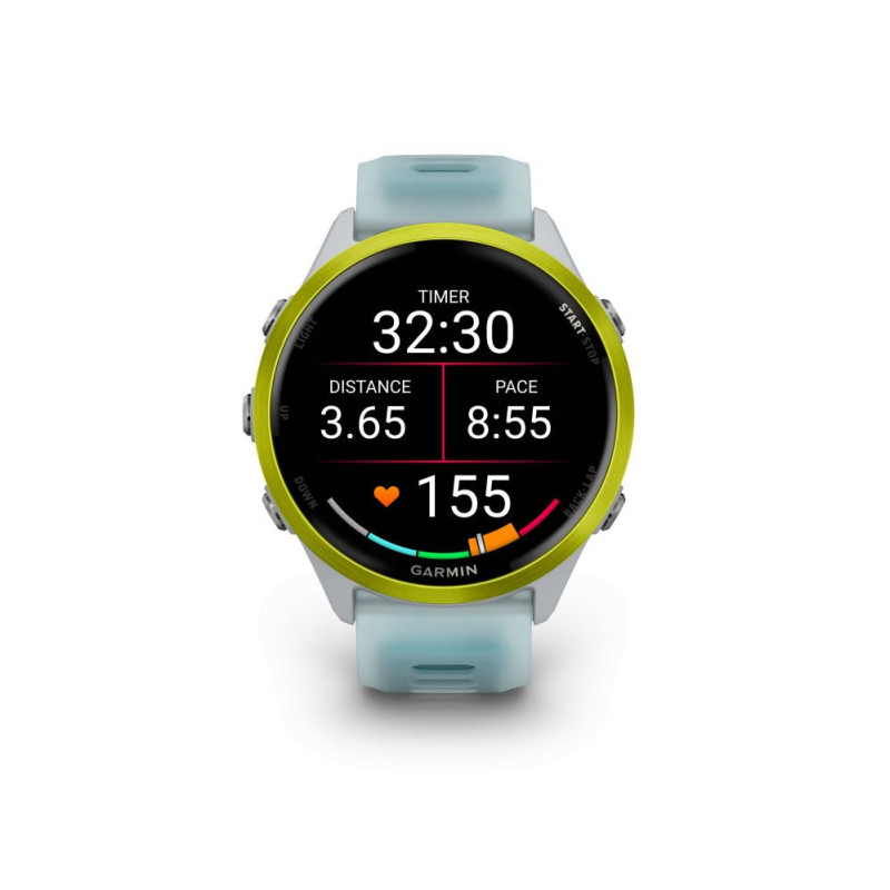 „Garmin Forerunner 570“ – 47 mm, geltono aliuminio korpusas su permatomu balto akmens / turkio spalvos dirželiu