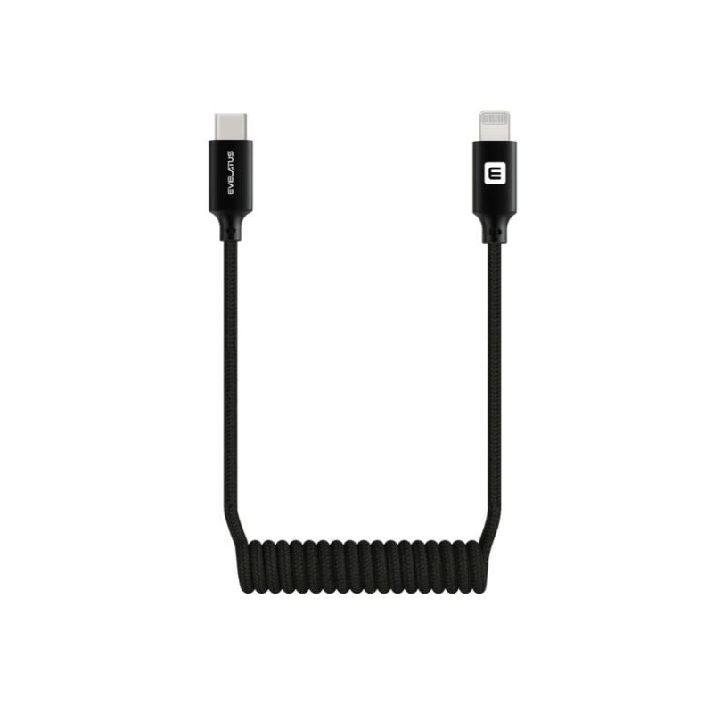 „Evelatus AutoSpring“ spiralinis USB C į „Lightning“ jungties kabelis, 1,2 m, juodas