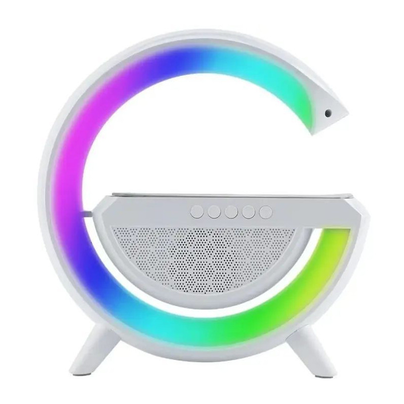 „Elight“ G formos garsiakalbio lempa su RGB LED apšvietimu ir belaidžiu išmaniųjų įrenginių įkrovikliu, balta