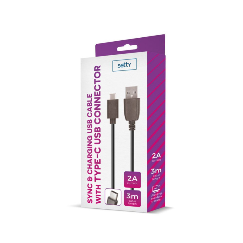 „Setty“ universalus USB kabelis 3 m 2A, C tipo, juodas
