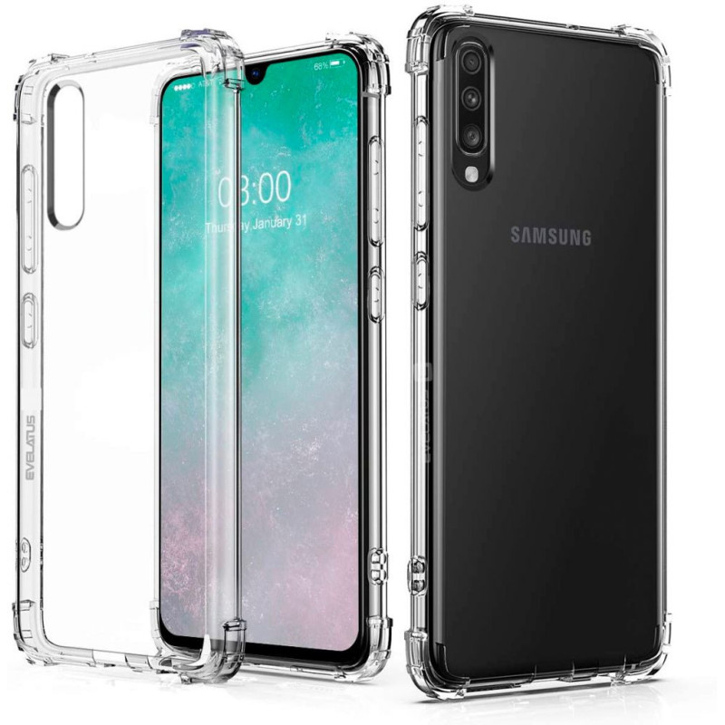„Evelatus“ „Samsung Galaxy A70“ smūgiams atsparus silikoninis dėklas, TPU, skaidrus, karinis