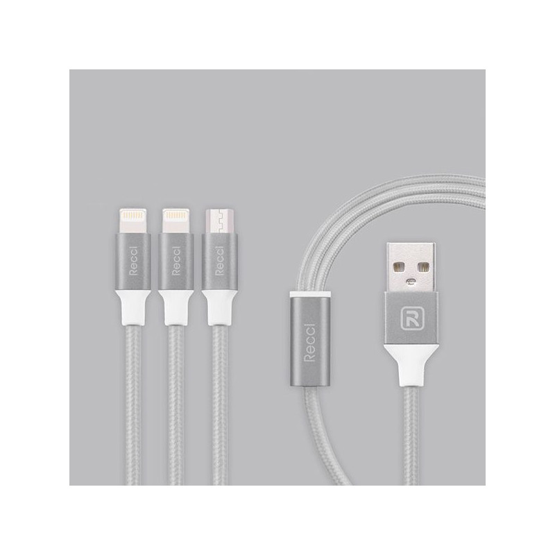 „Recci Universal Delicate RCS-H120“ 3 viename „Micro USB“ + 2 x „Lightning Fast“ įkrovimo jungtys, 1,2 m, pilkos spalvos