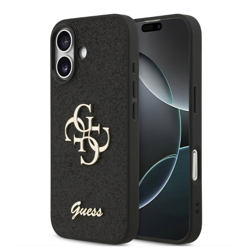 „Guess“ blizgučiais dengtas „Apple iPhone 17“ PU dėklas, juodas