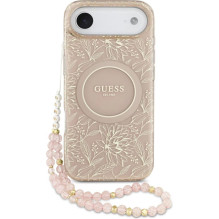 „Guess“ Apple iPhone 17 Air silikoninis dėklas su „MagSafe“ gėlėmis ir perlų dirželiu, rožinis „Guess“ Apple iPhone 17 Air silikoninis dėklas su „MagSafe“ gėlėmis ir perlų dirželiu, rožinis