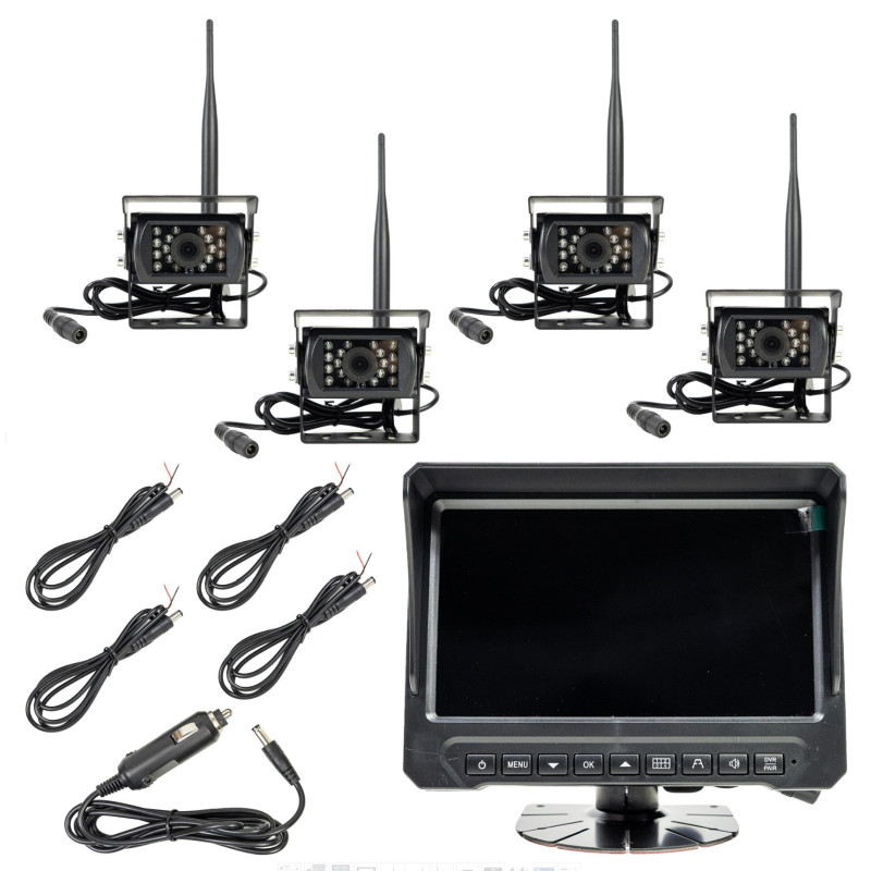 Wireless video surveillance kit for commercial vehicles with DVR, LCD monitor and 4 cameras, SD slot