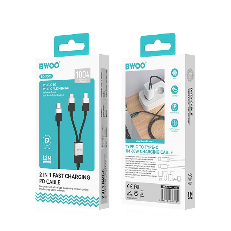 USB cable Bwoo (X306) 2in1 USB-C to (1 x USB-C 1 x lightning) 1m black