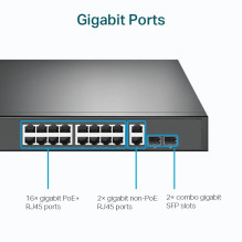 Jungiklis, TP-LINK, TL-SG1218MP, darbalaukis / stovas, stovas, 16x10Base-T / 100Base-TX / 1000Base-T, PoE+ prievadai 16,