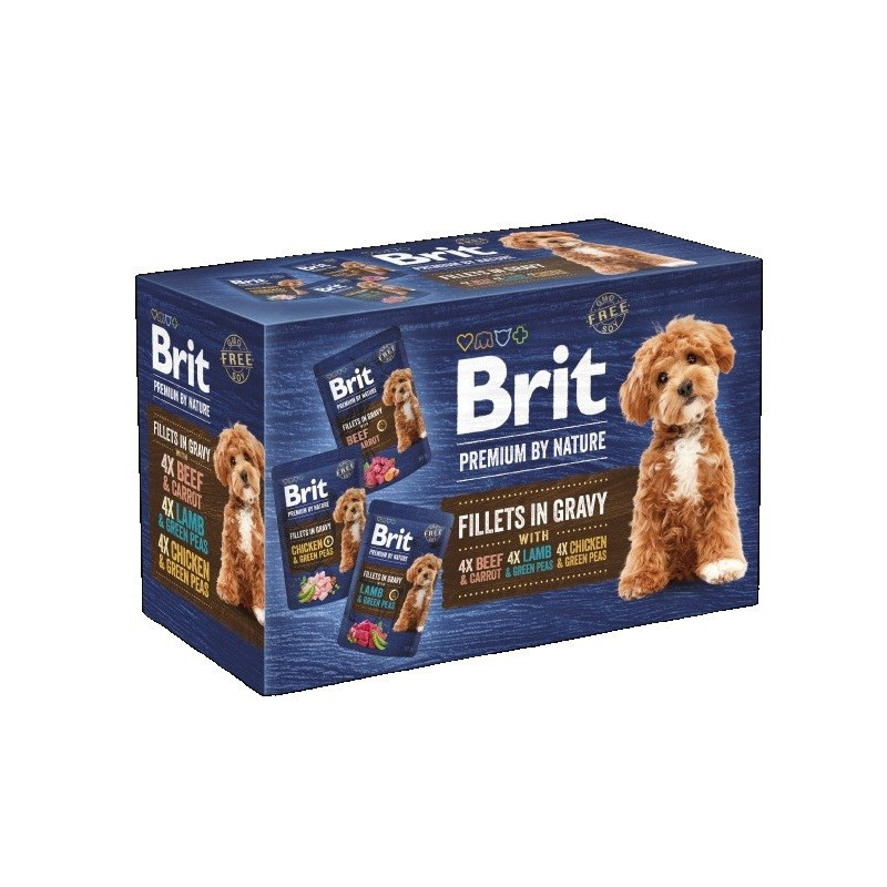 Šunų maistas - Drėgnas BRIT Premium šunų filetos padaže vištiena, aviena, jautiena 12x85g