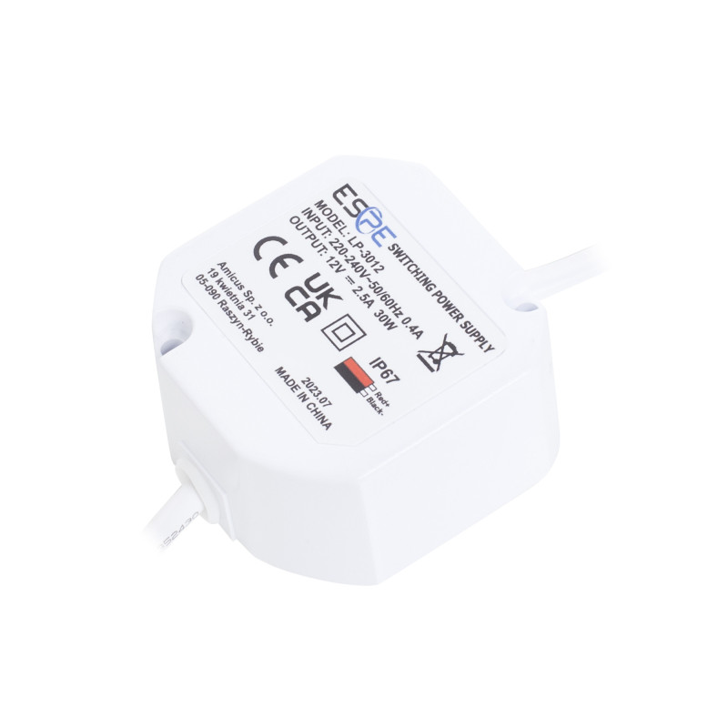 Impulsinis maitinimo šaltinis ESPE LP-3012 (30W, 2.5A / 12V, hermetinis IP67, 50x47x25)