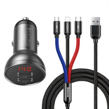 Car charger - Baseus 24W Dual USB Fast Charger with 3-in-1 Cable Black