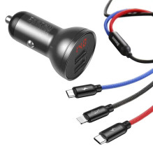 Automobilinis įkroviklis - Baseus 24W Dual USB Fast Charger with 3-in-1 Cable Black