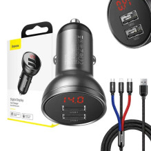 Automobilinis įkroviklis - Baseus 24W Dual USB Fast Charger with 3-in-1 Cable Black