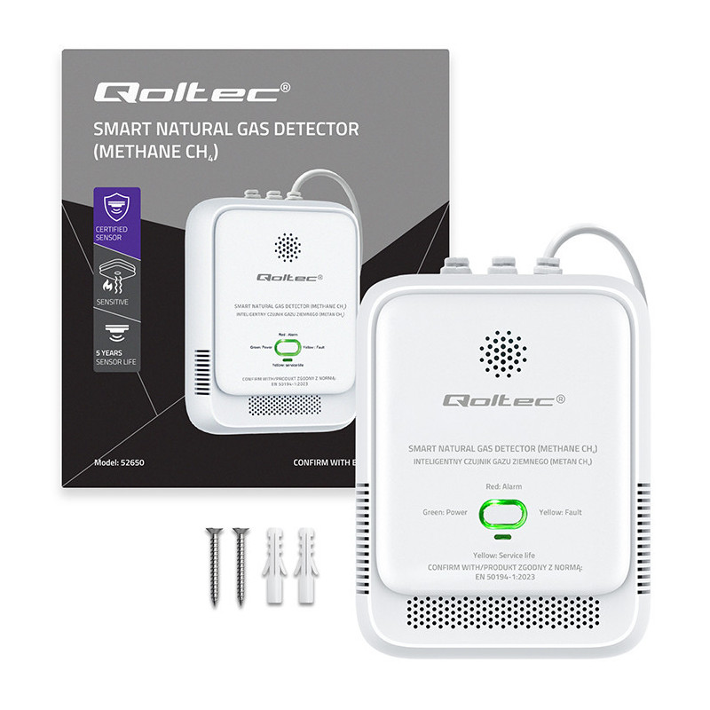 Sertificēts dabasgāzes noplūdes sensors , CH4 detektors , NG , 85dB trauksme , LED , Qoltec ®