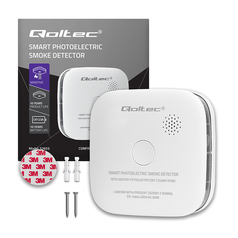 Sertificēts bezvadu dūmu detektors , Sensora mūžs: 10 gadi , Baterijas mūžs: 10 gadi , Qoltec