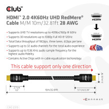 CLUB3D HDMI Į HDMI KABELIS 10M / M / M CAC-2313 CLUB3D HDMI Į HDMI KABELIS 10M / M / M CAC-2313