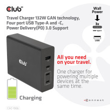 MOBILUSIS KELIONINIS ĮKROVIKLIS USB-C / 132W GAN CAC-1906 CLUB3D