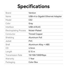TINKLO ADAPTERIS USB-A 1GIGABIT / 0.15M CEZHB VENTION TINKLO ADAPTERIS USB-A 1GIGABIT / 0.15M CEZHB VENTION