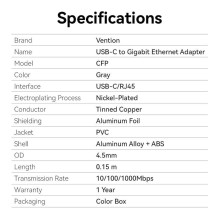 TINKLO ADAPTERIS USB-C GIGABIT / 0.15M CFPHB VENTION TINKLO ADAPTERIS USB-C GIGABIT / 0.15M CFPHB VENTION