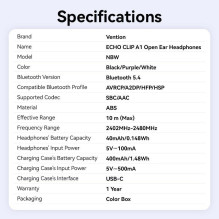 HEADSET WRL ECHO CLIP A11 / BLACK NBWB0-PH VENTION