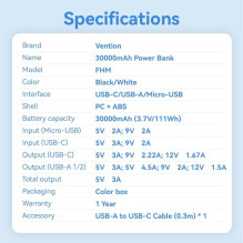 POWER BANK USB 30000MAH 22.5W / BLACK FHMB0 VENTION