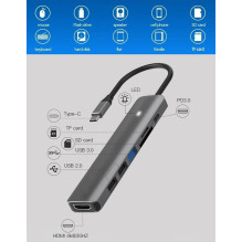 Adapteris USB Type-C - HDMI, 3x USB Type-A, SD, TF, USB Type-C PD100W
