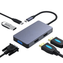 Adapter USB Type-C - 2x HDMI, 1x VGA, 1x USB Type-A, 1x USB Type-C PD60W