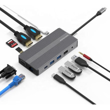 Adapter USB Type-C - 2x HDMI, VGA, LAN, 3x USB Type-A, SD, TF, USB Type-C PD100W, Aux