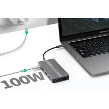 Adapteris USB Type-C - 2x HDMI, VGA, LAN, 3x USB Type-A, SD, TF, USB Type-C PD100W, Aux