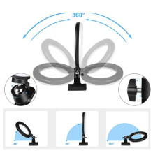 LED žiedinė lempa 26cm Su telefono laikikliu ir spaustuku LED žiedinė lempa 26cm Su telefono laikikliu ir spaustuku