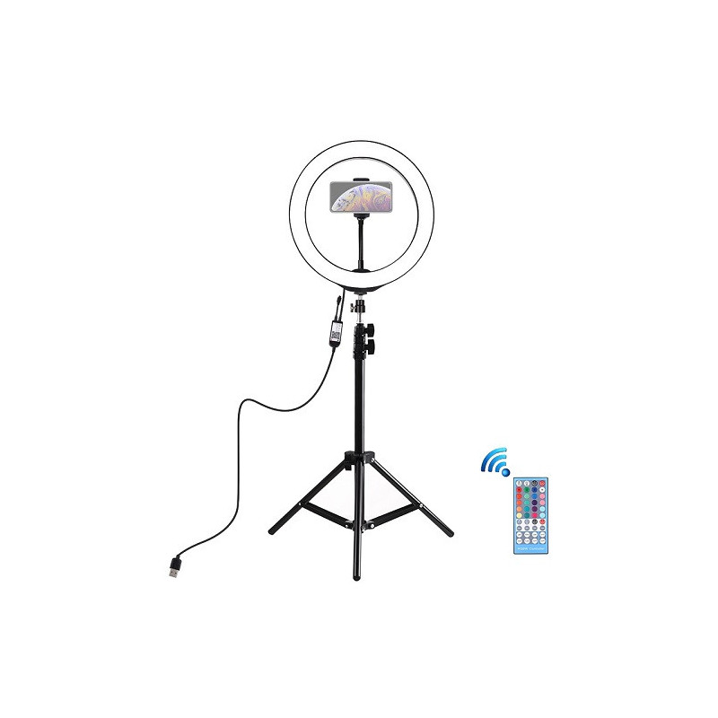 LED žiedinė lempa 26cm su trikoju stovu iki 1.1m ir telefono laikikliu, USB