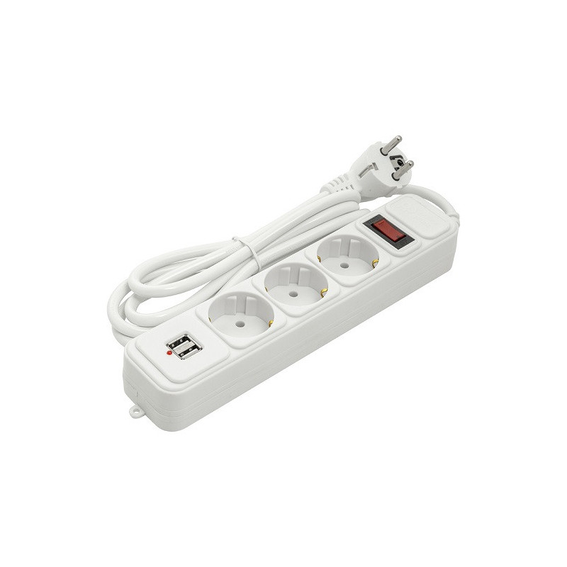 Buitinis ilgiklis 1.8m, 3 lizdai + 2 USB, su jungikliu