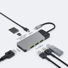 USB Adapteris - GC Connect 7W1 (3XUSB 3.1, HDMI 4K 60Hz, USB-C PD 85W, MicroSD / SD)