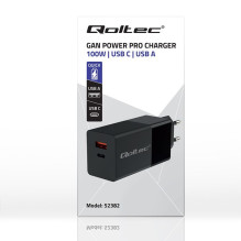 Charger - Qoltec 52382 GaN 100W PD USB Type-C and A Black Charger - Qoltec 52382 GaN 100W PD USB Type-C and A Black