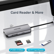 USB-C Hub - UNITEK 2X HDMI 4K, RJ45, PD 100W Pilkas
