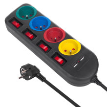 Extension Cord - Maclean MCE229B, 4 Sockets + 2xUSB, With Switches, 1.5 m Extension Cord - Maclean MCE229B, 4 Sockets + 2xUSB, With Switches, 1.5 m