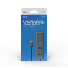 USB Adapteris - Savio AK-57 3x USB-A su RJ-45 Gigabit Ethernet Adapteriu, 5000 Mbps, Pilkas