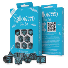 Game Dice Set - Q-WORKSHOP 20 Years Halloween 8 Dice Plastic Black Glossy Turquoise Colors
