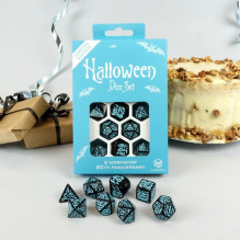 Game Dice Set - Q-WORKSHOP 20 Years Halloween 8 Dice Plastic Black Glossy Turquoise Colors