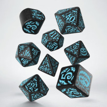 Game Dice Set - Q-WORKSHOP 20 Years Halloween 8 Dice Plastic Black Glossy Turquoise Colors