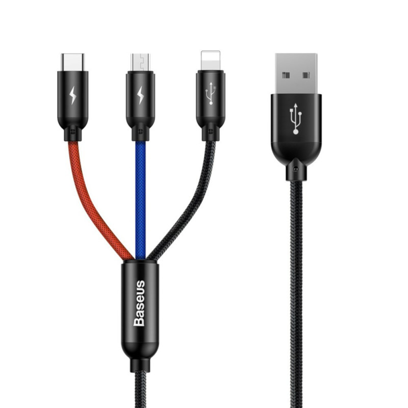 USB Laidas - Baseus Colorfone CAMLT-BSY01 1.2m USB A į 3x USB C 3A Juodas, Raudonas, Mėlynas