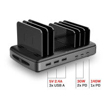 USB Įkrovimo Stotis - LINDY 160W 6 Prievadų Išmanusis Įkroviklis 3A USBType A ir C USB Įkrovimo Stotis - LINDY 160W 6 Prievadų Išmanusis Įkroviklis 3A USBType A ir C
