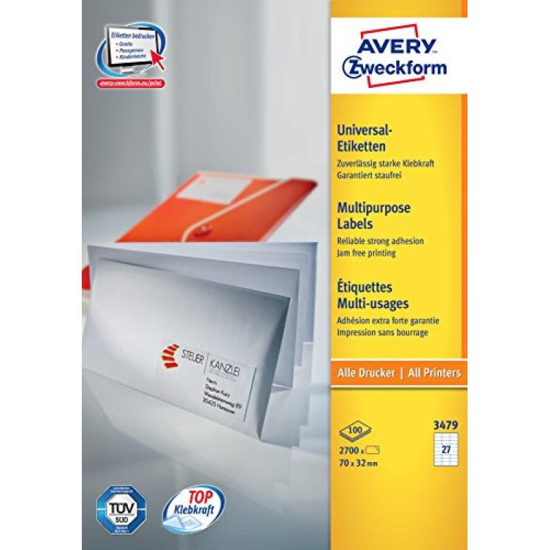 Etiketė - Avery Zweckform 3479 70x32mm A4 100 lapų balta
