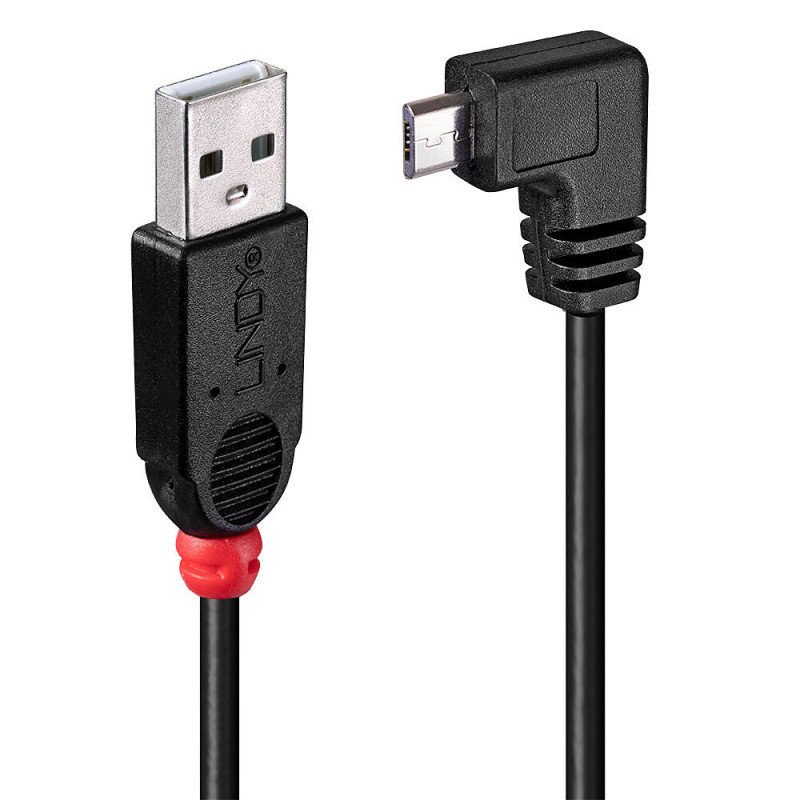 USB Cable - LINDY USB 2.0 Type A to Micro-B Cable, 90° Right Angle, 0.5 m, Black